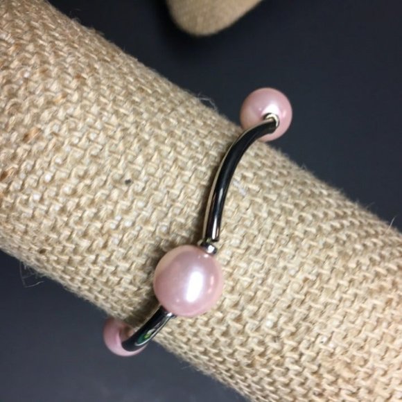 Curved Links Stretch Bracelet Barbie Pink Pearl Silver Retro Cottage Soft Girl - Picture 2 of 3